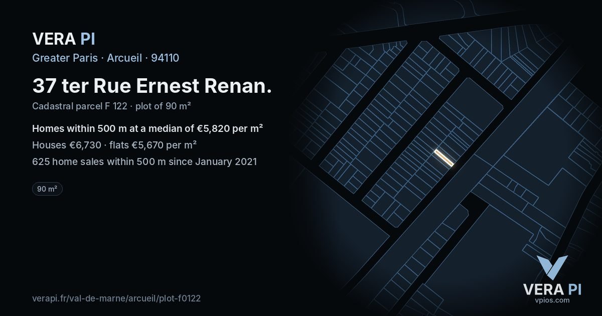 37 ter Rue Ernest Renan, Arcueil at night – the plot lit, the parcels around coloured by the prices near them