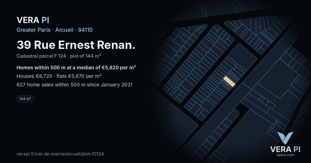 39 Rue Ernest Renan, Arcueil at night – the plot lit, the parcels around coloured by the prices near them