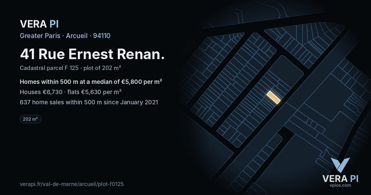 41 Rue Ernest Renan, Arcueil at night – the plot lit, the parcels around coloured by the prices near them