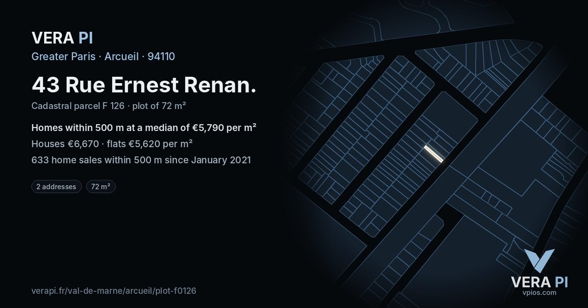 43 Rue Ernest Renan, Arcueil at night – the plot lit, the parcels around coloured by the prices near them