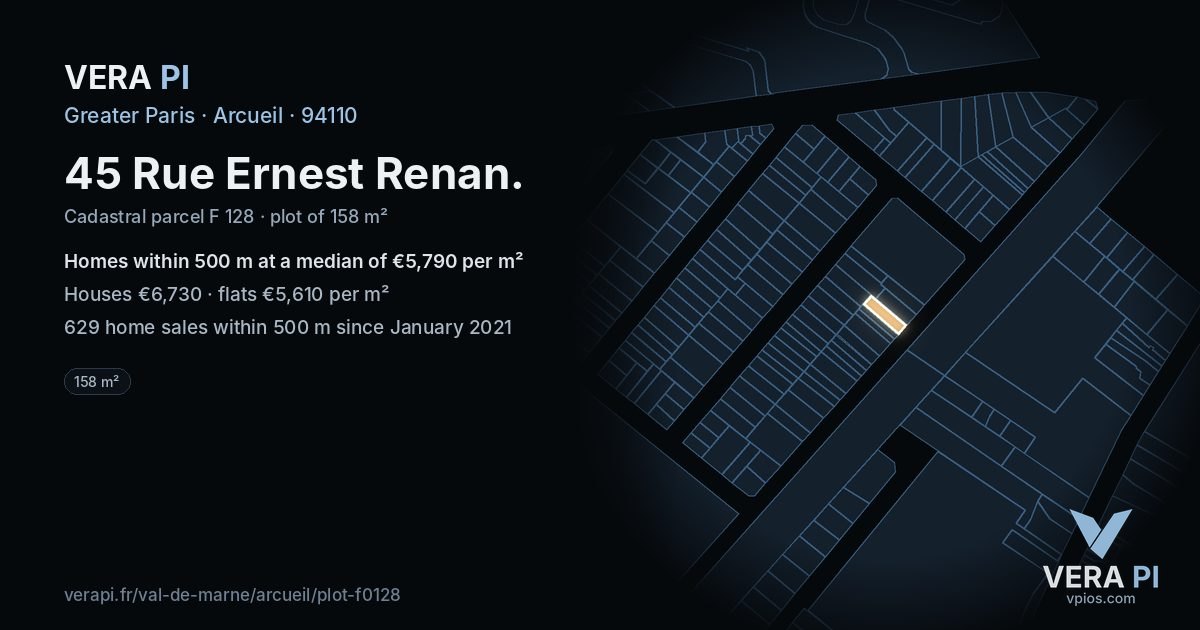 45 Rue Ernest Renan, Arcueil at night – the plot lit, the parcels around coloured by the prices near them