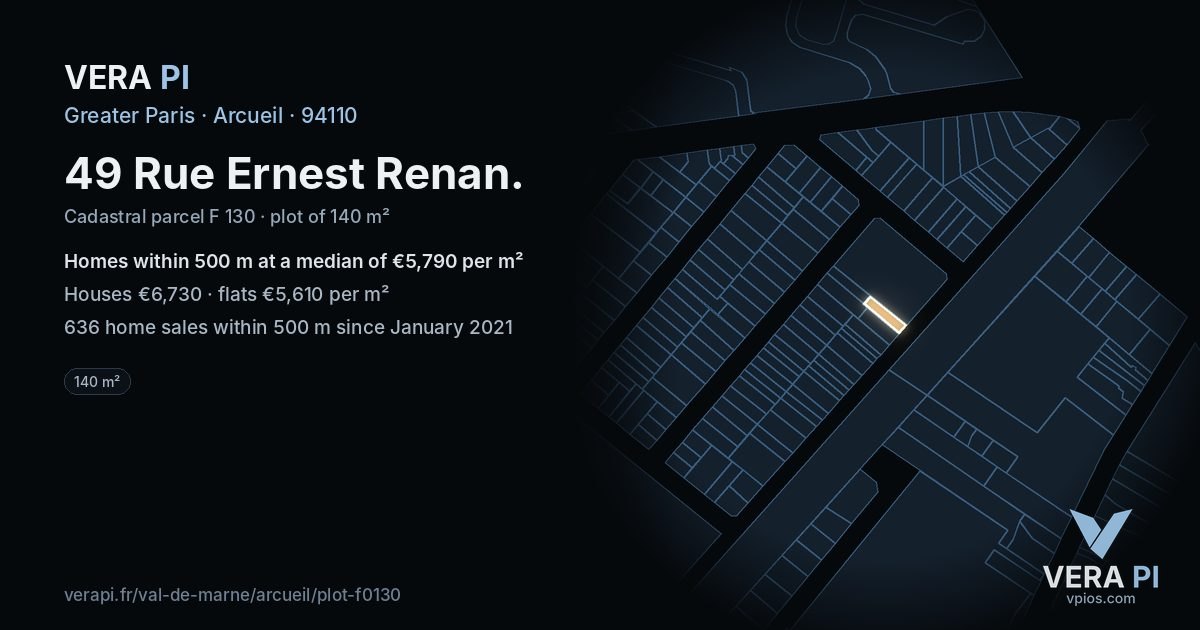 49 Rue Ernest Renan, Arcueil at night – the plot lit, the parcels around coloured by the prices near them