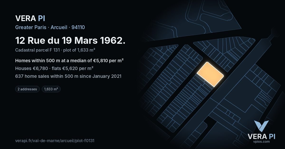 12 Rue du 19 Mars 1962, Arcueil at night – the plot lit, the parcels around coloured by the prices near them