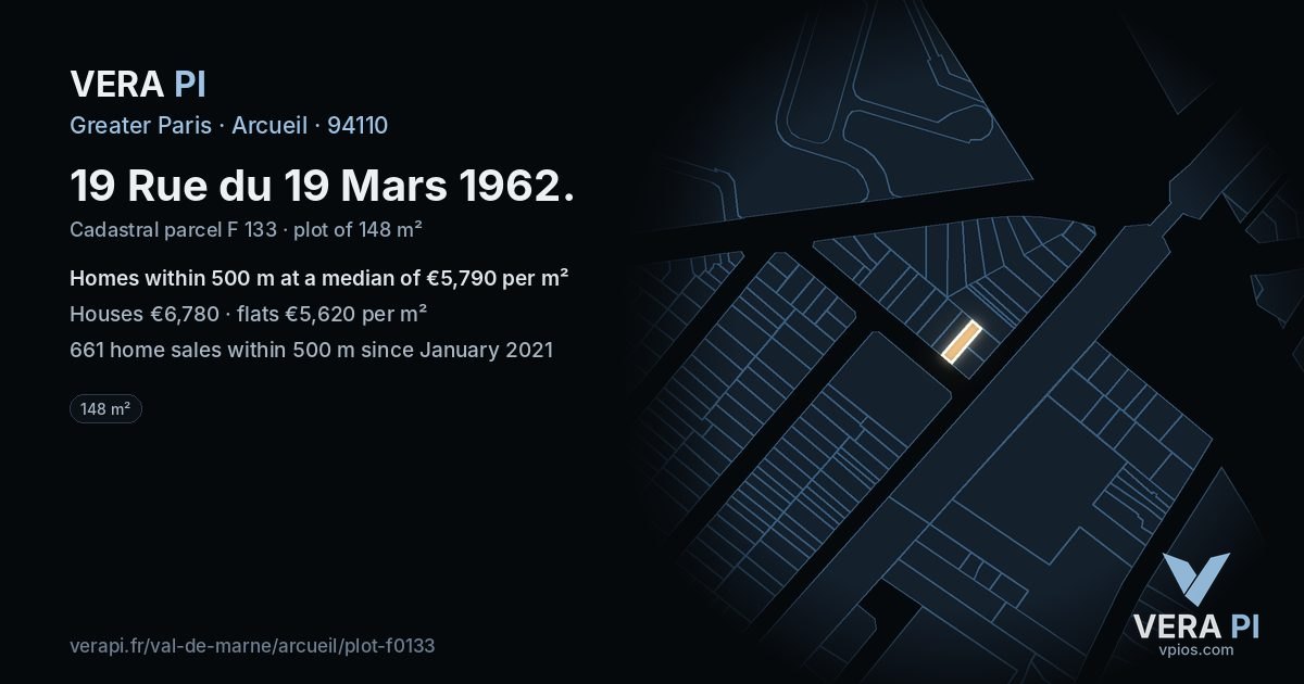 19 Rue du 19 Mars 1962, Arcueil at night – the plot lit, the parcels around coloured by the prices near them
