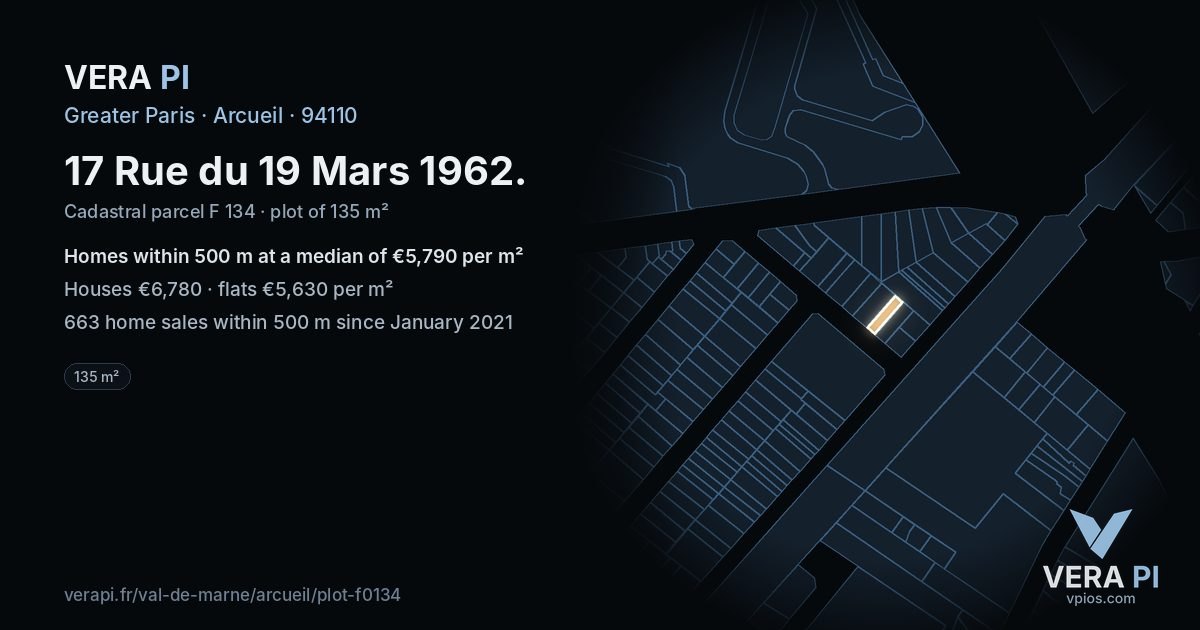 17 Rue du 19 Mars 1962, Arcueil at night – the plot lit, the parcels around coloured by the prices near them