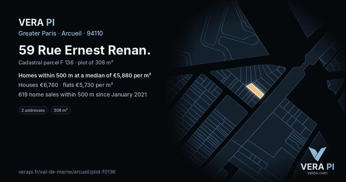 59 Rue Ernest Renan, Arcueil at night – the plot lit, the parcels around coloured by the prices near them