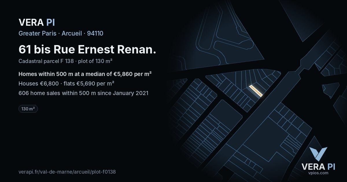 61 bis Rue Ernest Renan, Arcueil at night – the plot lit, the parcels around coloured by the prices near them