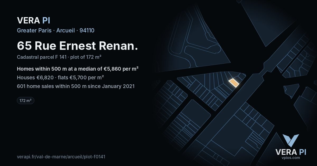 65 Rue Ernest Renan, Arcueil at night – the plot lit, the parcels around coloured by the prices near them