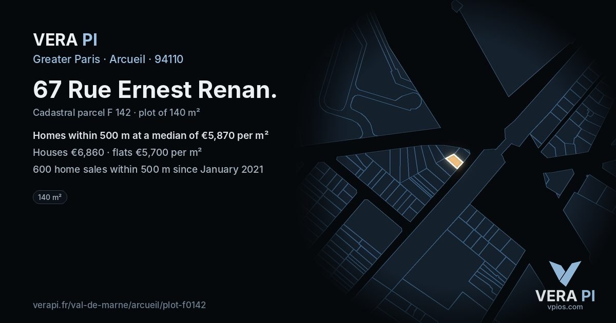 67 Rue Ernest Renan, Arcueil at night – the plot lit, the parcels around coloured by the prices near them