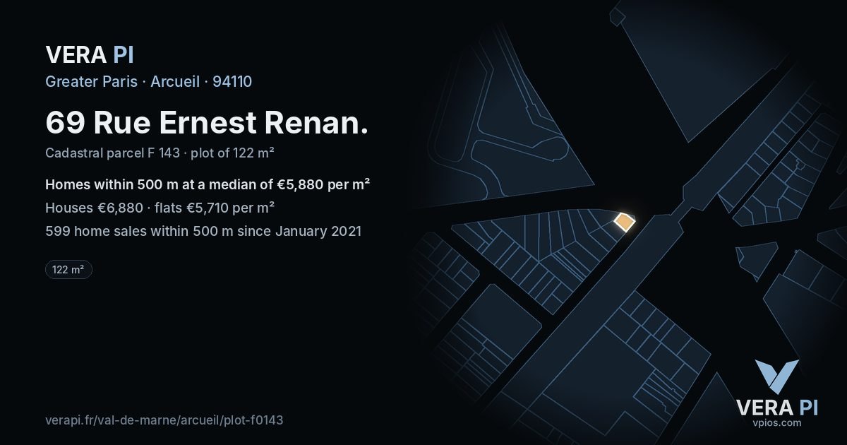69 Rue Ernest Renan, Arcueil at night – the plot lit, the parcels around coloured by the prices near them