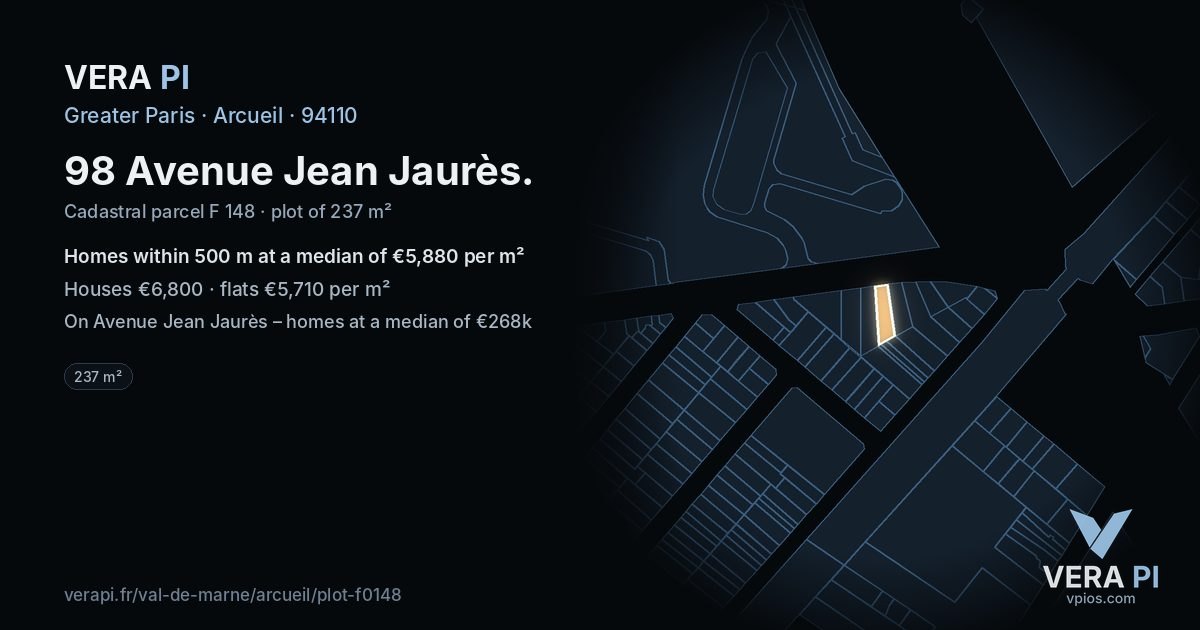 98 Avenue Jean Jaurès, Arcueil at night – the plot lit, the parcels around coloured by the prices near them