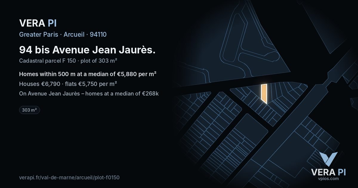 94 bis Avenue Jean Jaurès, Arcueil at night – the plot lit, the parcels around coloured by the prices near them