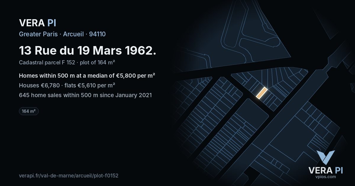 13 Rue du 19 Mars 1962, Arcueil at night – the plot lit, the parcels around coloured by the prices near them