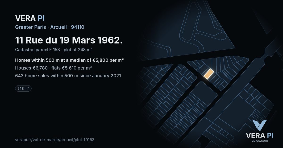 11 Rue du 19 Mars 1962, Arcueil at night – the plot lit, the parcels around coloured by the prices near them