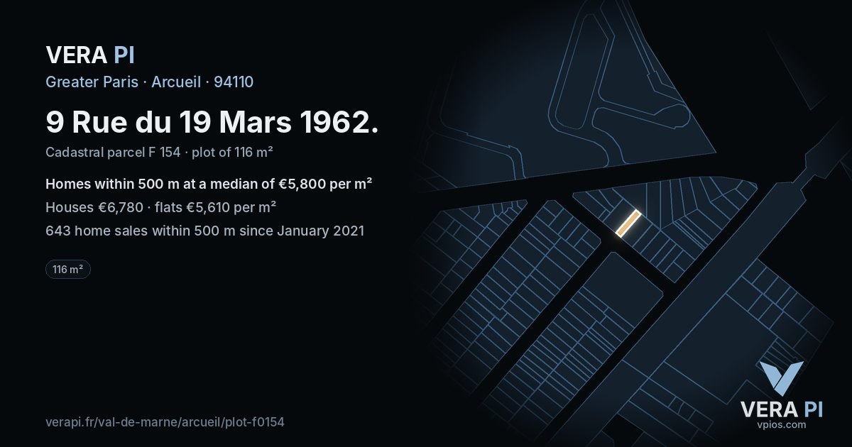 9 Rue du 19 Mars 1962, Arcueil at night – the plot lit, the parcels around coloured by the prices near them