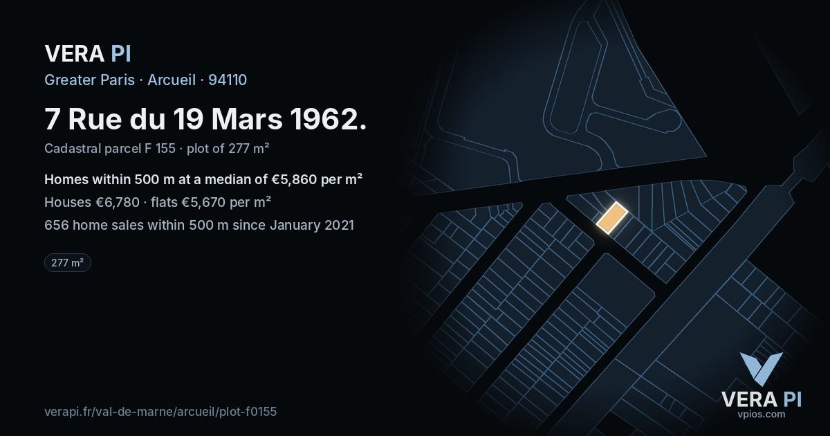 7 Rue du 19 Mars 1962, Arcueil at night – the plot lit, the parcels around coloured by the prices near them