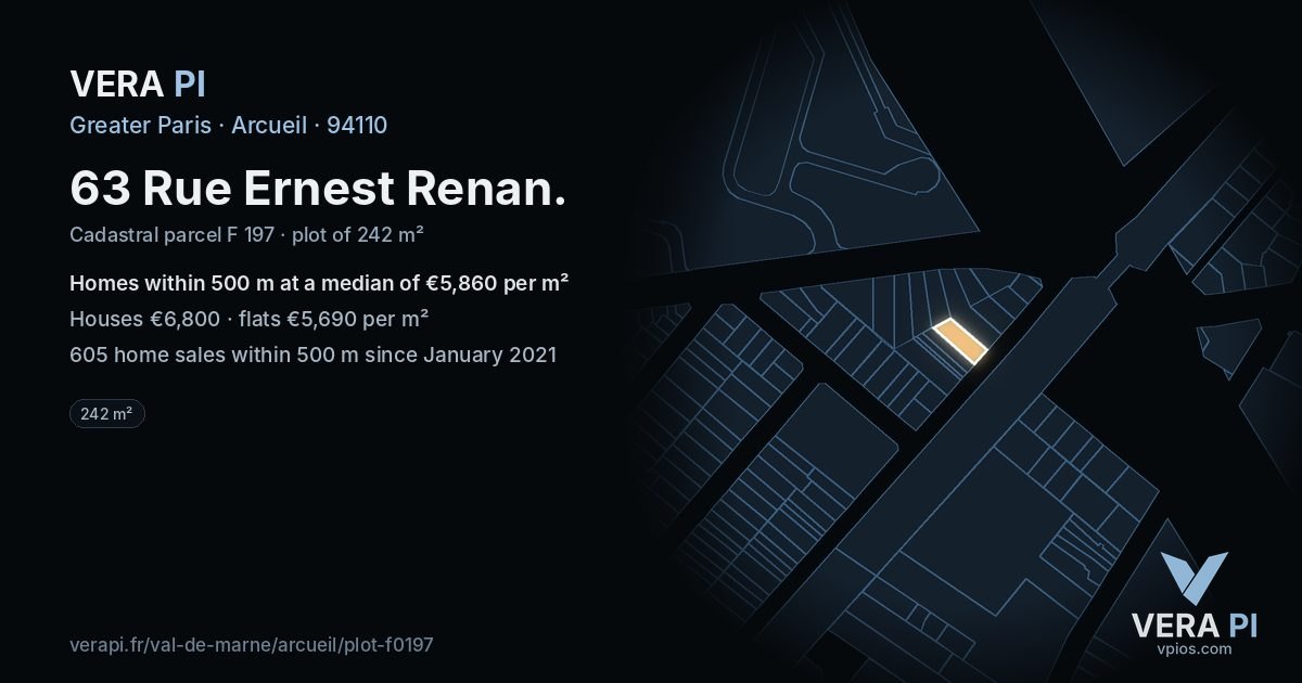 63 Rue Ernest Renan, Arcueil at night – the plot lit, the parcels around coloured by the prices near them