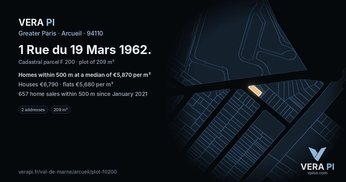 1 Rue du 19 Mars 1962, Arcueil at night – the plot lit, the parcels around coloured by the prices near them