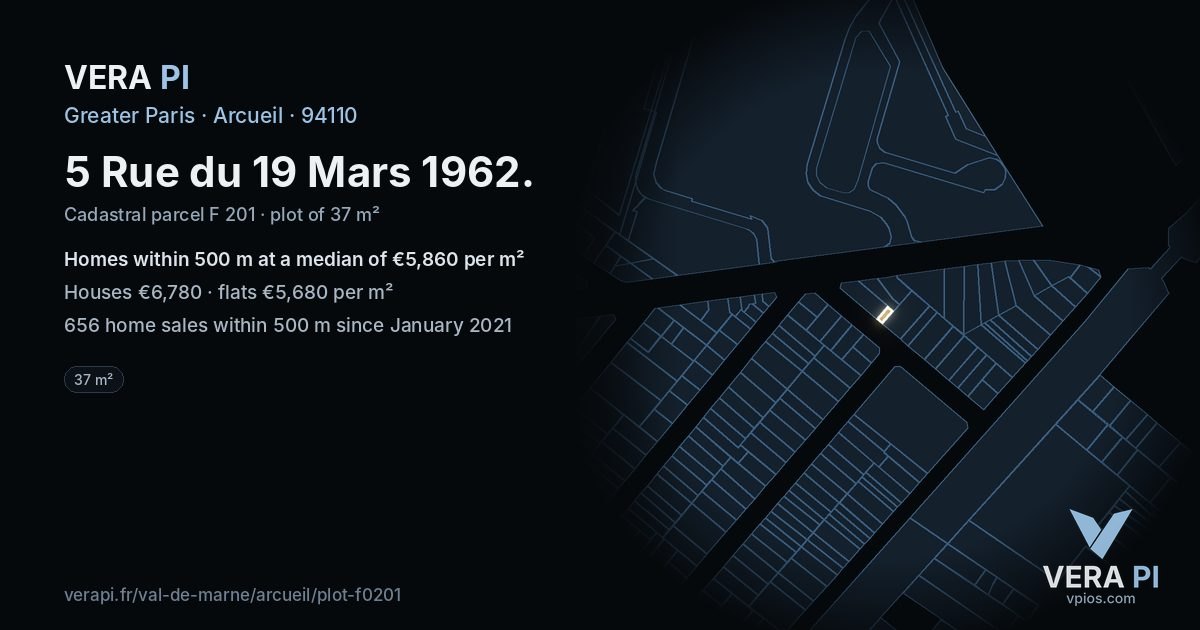 5 Rue du 19 Mars 1962, Arcueil at night – the plot lit, the parcels around coloured by the prices near them