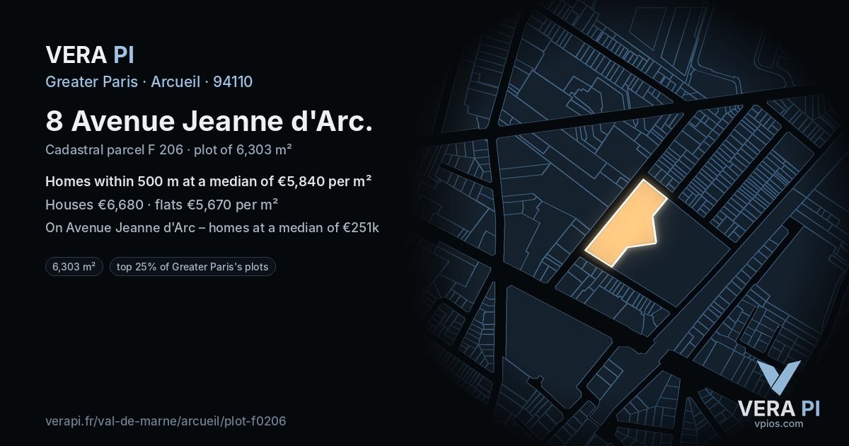 8 Avenue Jeanne d'Arc, Arcueil at night – the plot lit, the parcels around coloured by the prices near them