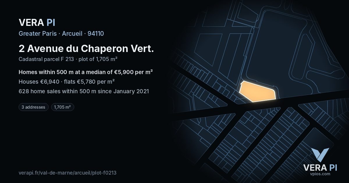 2 Avenue du Chaperon Vert, Arcueil at night – the plot lit, the parcels around coloured by the prices near them