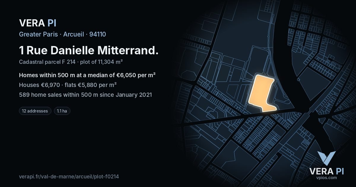 1 Rue Danielle Mitterrand, Arcueil at night – the plot lit, the parcels around coloured by the prices near them