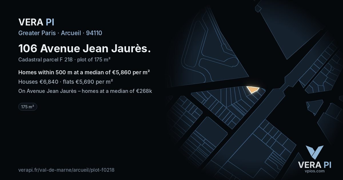 106 Avenue Jean Jaurès, Arcueil at night – the plot lit, the parcels around coloured by the prices near them