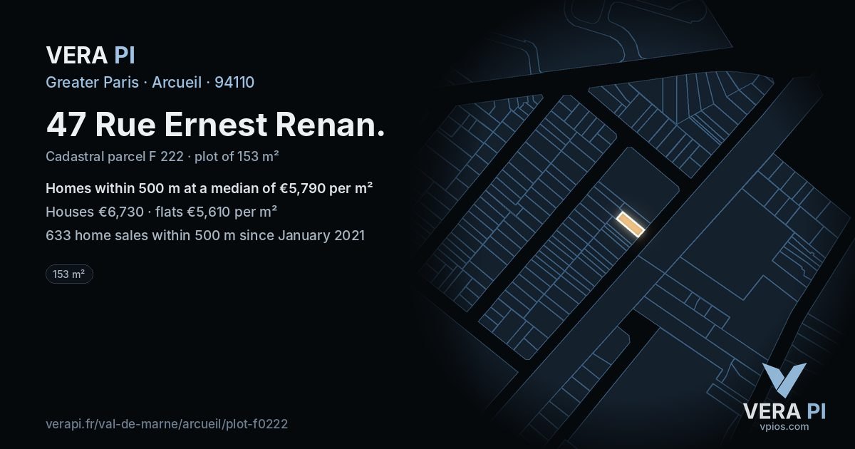 47 Rue Ernest Renan, Arcueil at night – the plot lit, the parcels around coloured by the prices near them