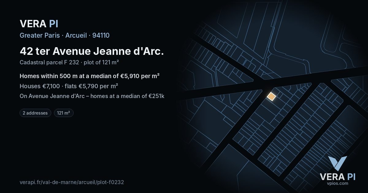 42 ter Avenue Jeanne d'Arc, Arcueil at night – the plot lit, the parcels around coloured by the prices near them
