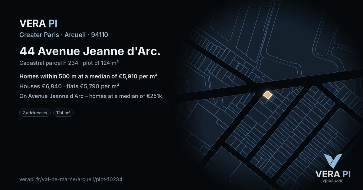 44 Avenue Jeanne d'Arc, Arcueil at night – the plot lit, the parcels around coloured by the prices near them