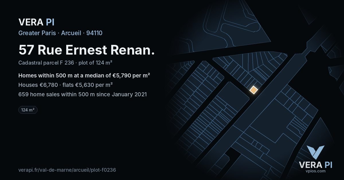57 Rue Ernest Renan, Arcueil at night – the plot lit, the parcels around coloured by the prices near them