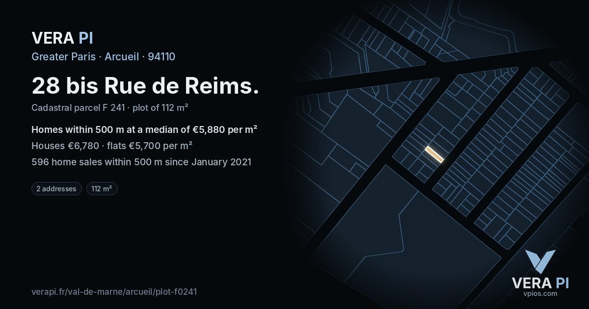 28 bis Rue de Reims, Arcueil at night – the plot lit, the parcels around coloured by the prices near them
