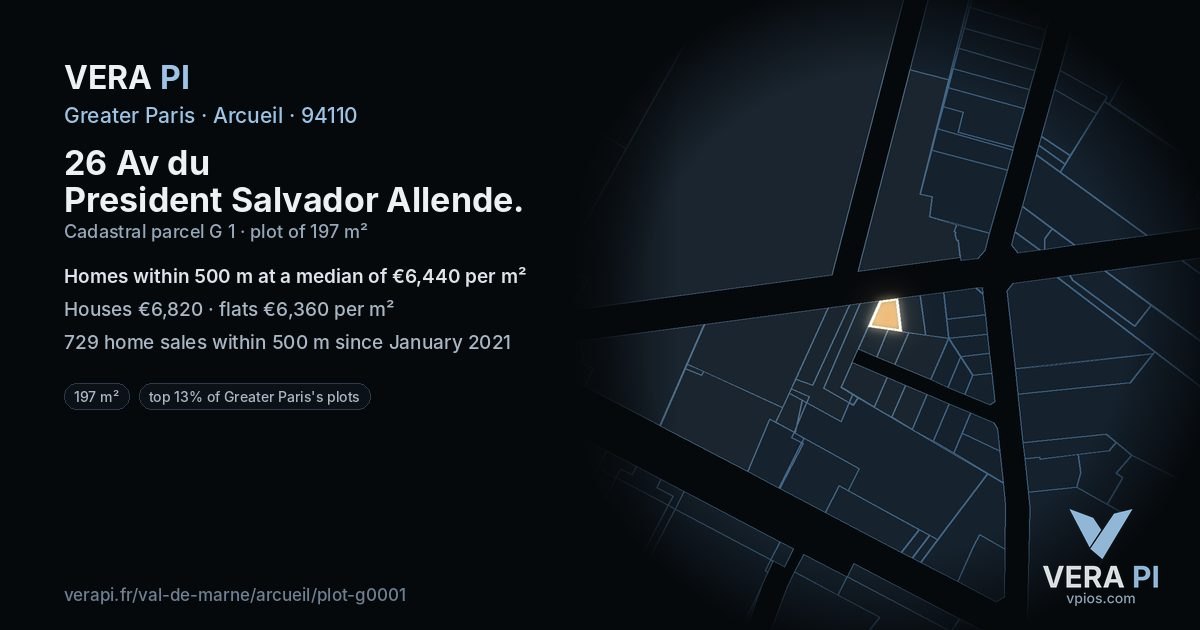 26 Av du President Salvador Allende, Arcueil at night – the plot lit, the parcels around coloured by the prices near them
