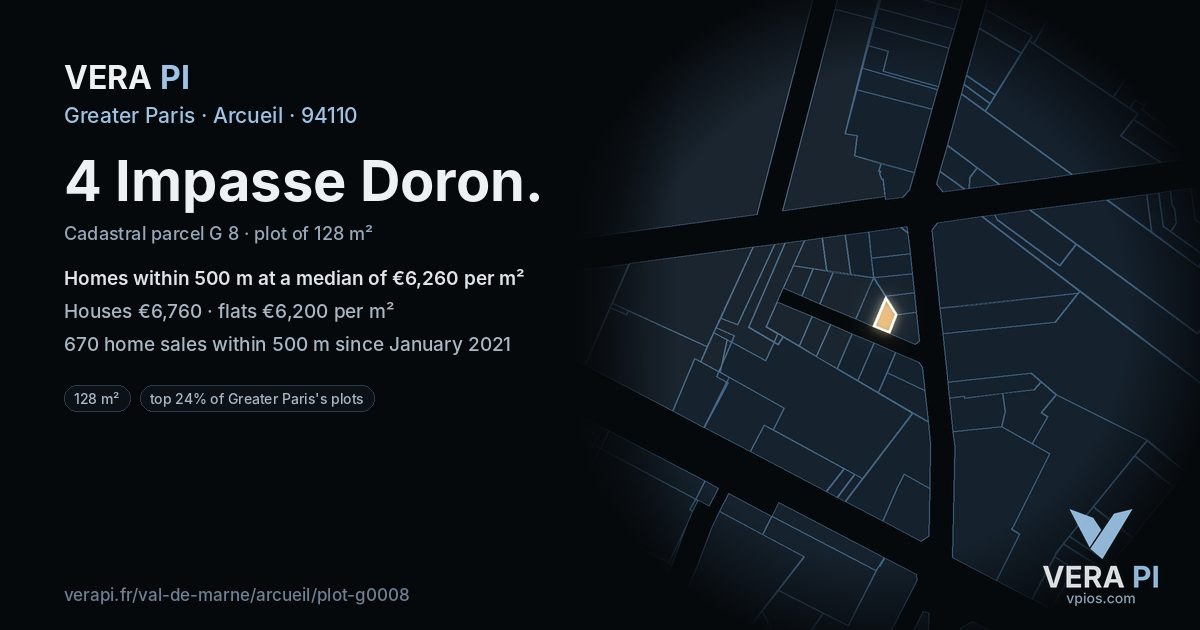 4 Impasse Doron, Arcueil at night – the plot lit, the parcels around coloured by the prices near them