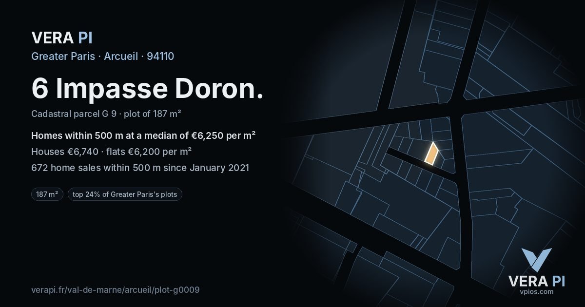 6 Impasse Doron, Arcueil at night – the plot lit, the parcels around coloured by the prices near them