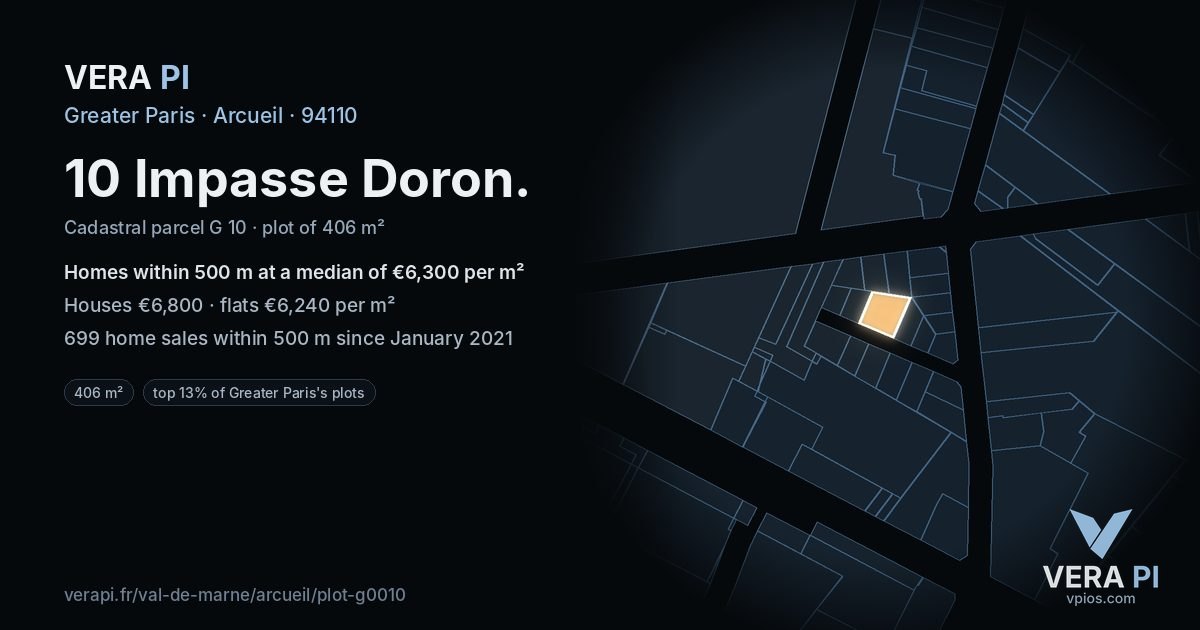 10 Impasse Doron, Arcueil at night – the plot lit, the parcels around coloured by the prices near them