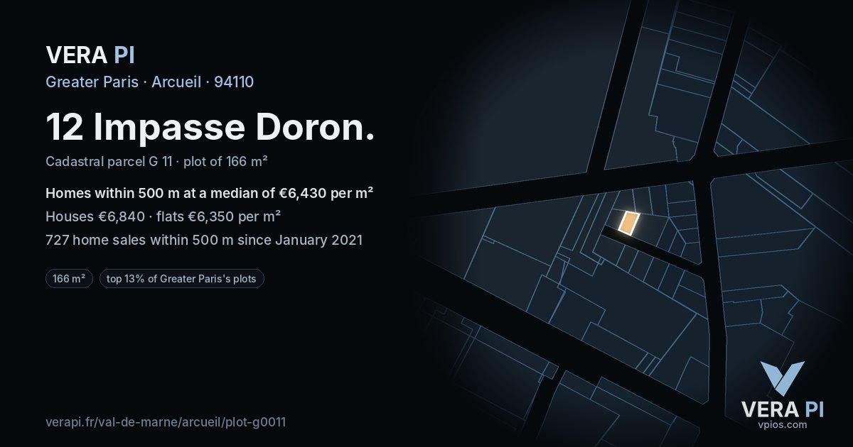 12 Impasse Doron, Arcueil at night – the plot lit, the parcels around coloured by the prices near them
