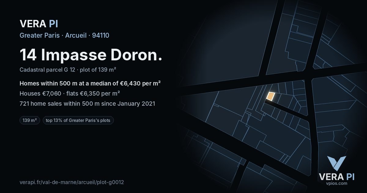 14 Impasse Doron, Arcueil at night – the plot lit, the parcels around coloured by the prices near them
