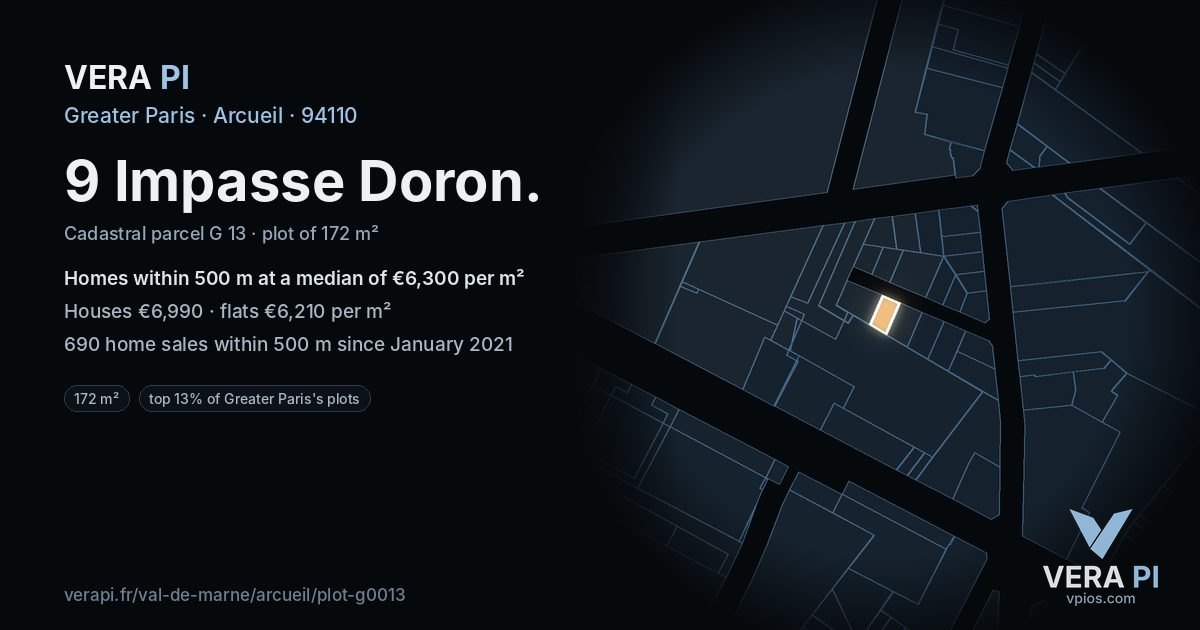 9 Impasse Doron, Arcueil at night – the plot lit, the parcels around coloured by the prices near them