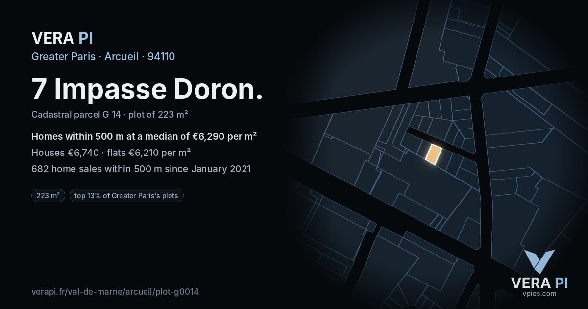 7 Impasse Doron, Arcueil at night – the plot lit, the parcels around coloured by the prices near them