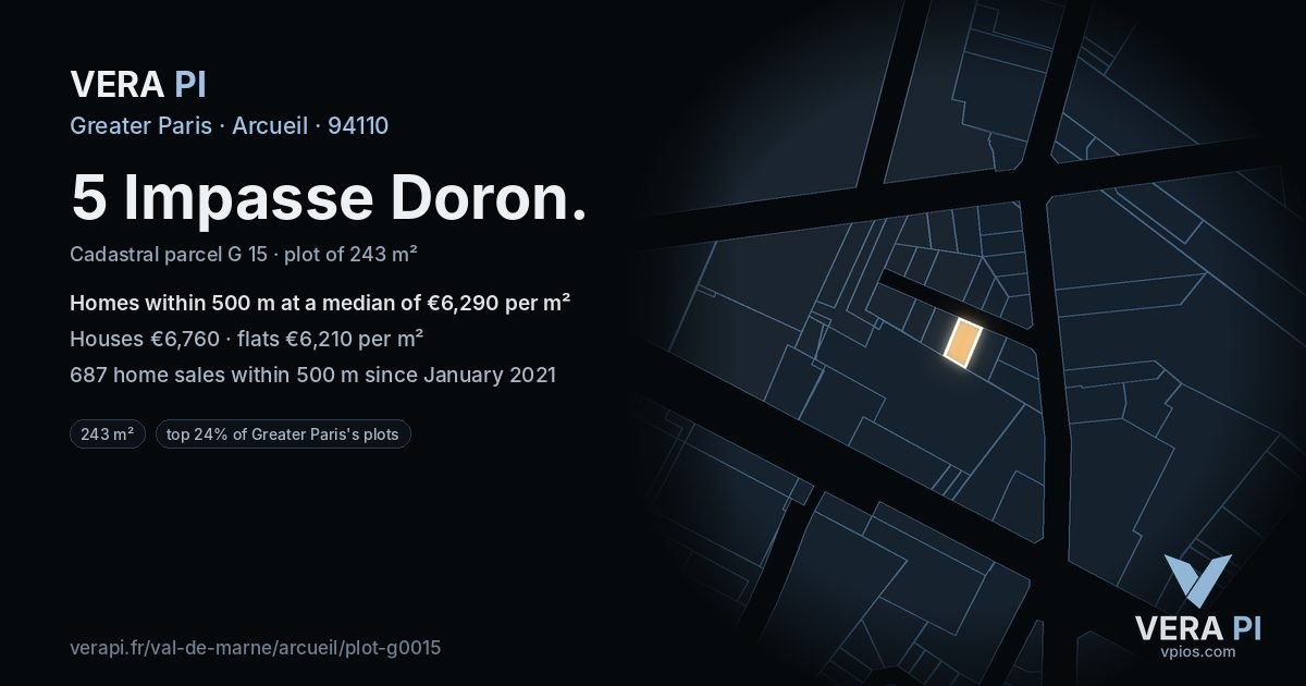 5 Impasse Doron, Arcueil at night – the plot lit, the parcels around coloured by the prices near them
