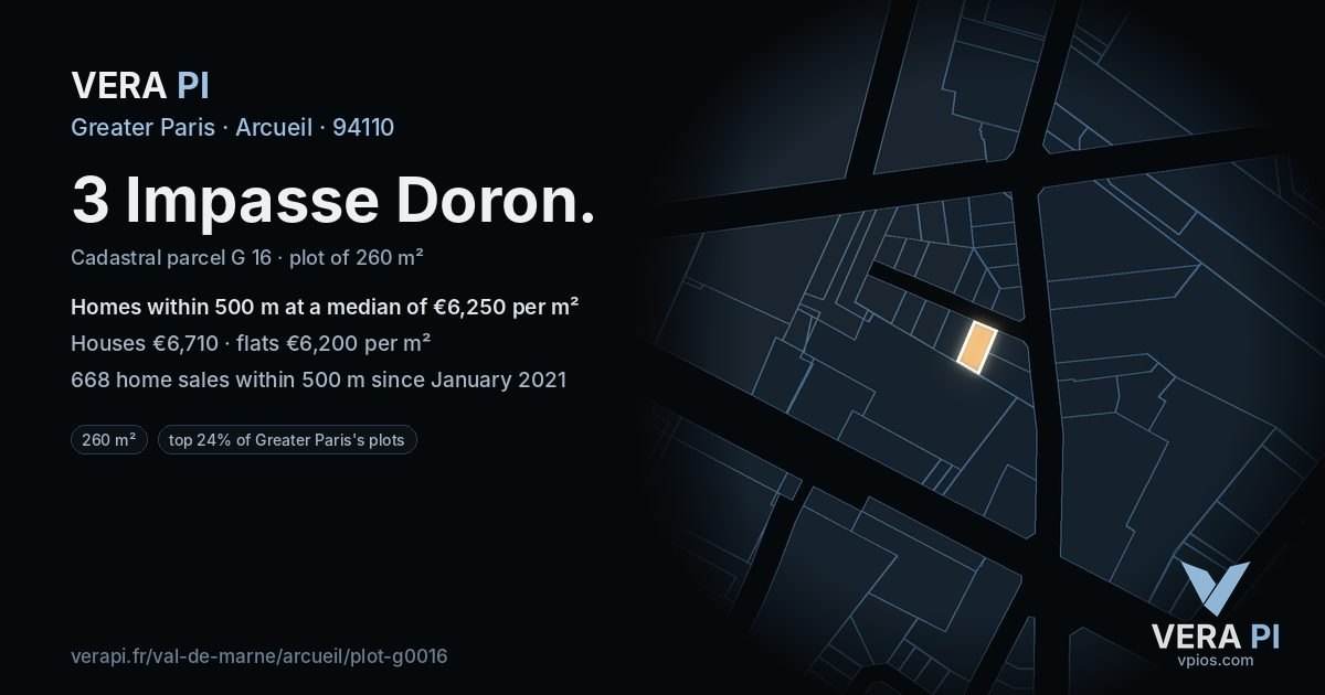 3 Impasse Doron, Arcueil at night – the plot lit, the parcels around coloured by the prices near them