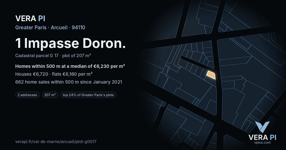1 Impasse Doron, Arcueil at night – the plot lit, the parcels around coloured by the prices near them