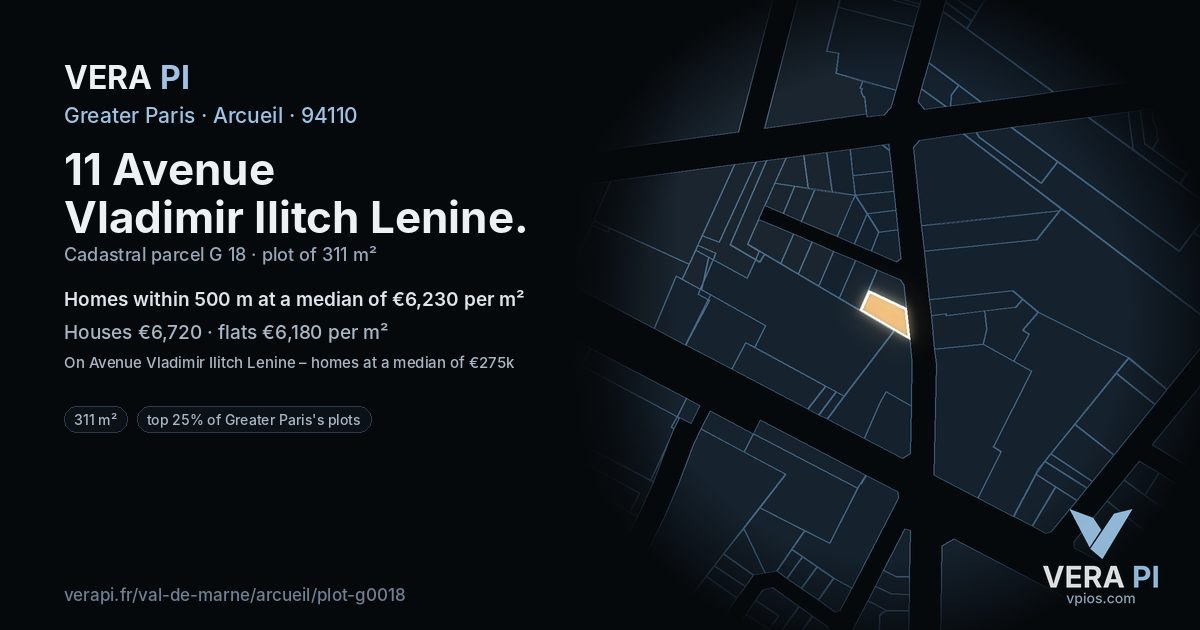 11 Avenue Vladimir Ilitch Lenine, Arcueil at night – the plot lit, the parcels around coloured by the prices near them