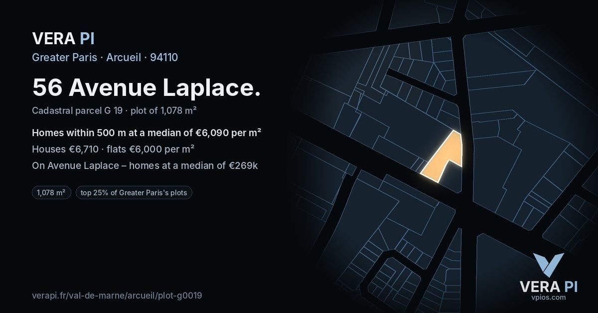 56 Avenue Laplace, Arcueil at night – the plot lit, the parcels around coloured by the prices near them