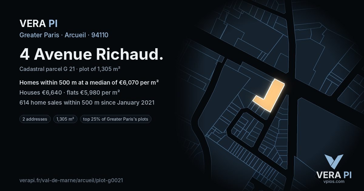 4 Avenue Richaud, Arcueil at night – the plot lit, the parcels around coloured by the prices near them