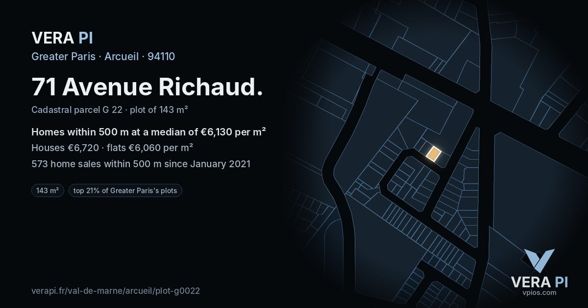 71 Avenue Richaud, Arcueil at night – the plot lit, the parcels around coloured by the prices near them