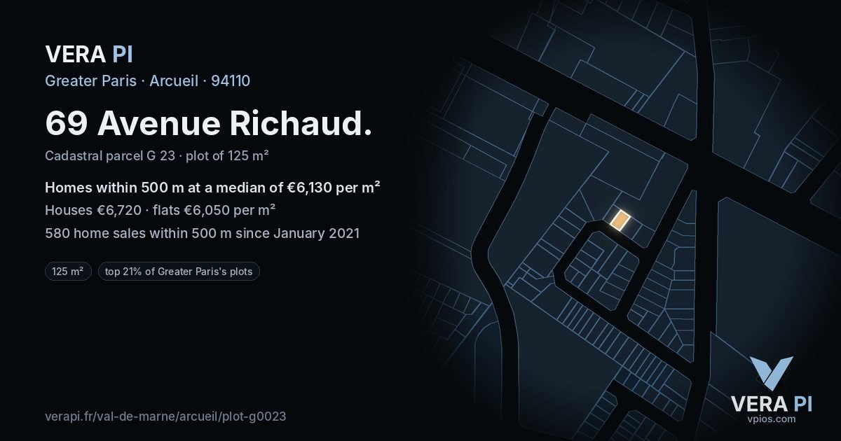 69 Avenue Richaud, Arcueil at night – the plot lit, the parcels around coloured by the prices near them