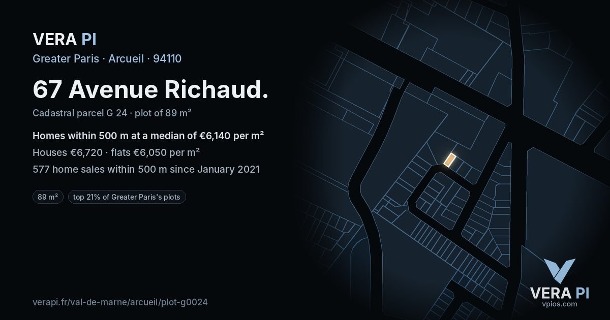 67 Avenue Richaud, Arcueil at night – the plot lit, the parcels around coloured by the prices near them