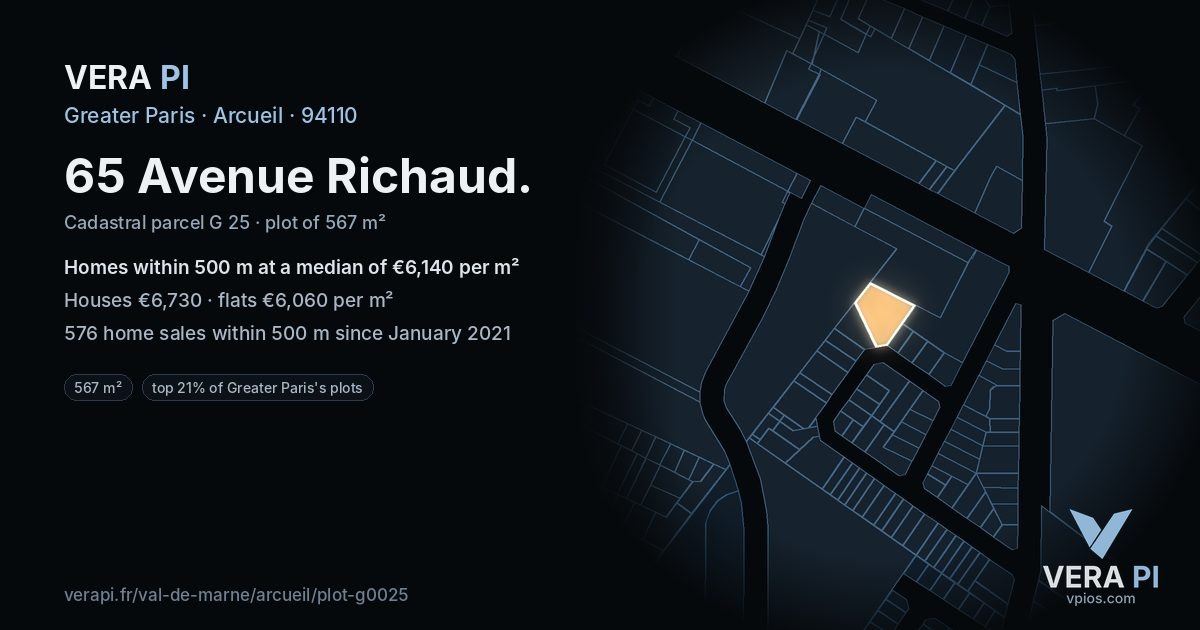 65 Avenue Richaud, Arcueil at night – the plot lit, the parcels around coloured by the prices near them